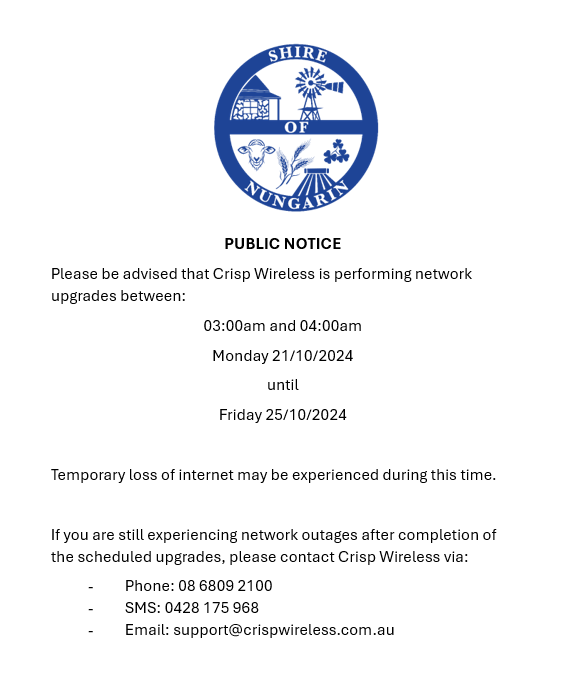 Public Notice - Crisp Wireless Performing Network Upgrades