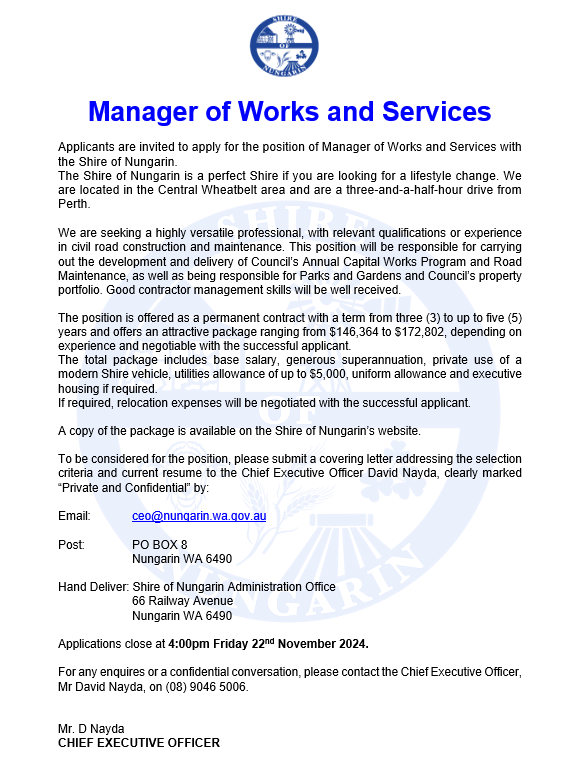 Exciting New Job Opportunity - Manager of Works and Services!!