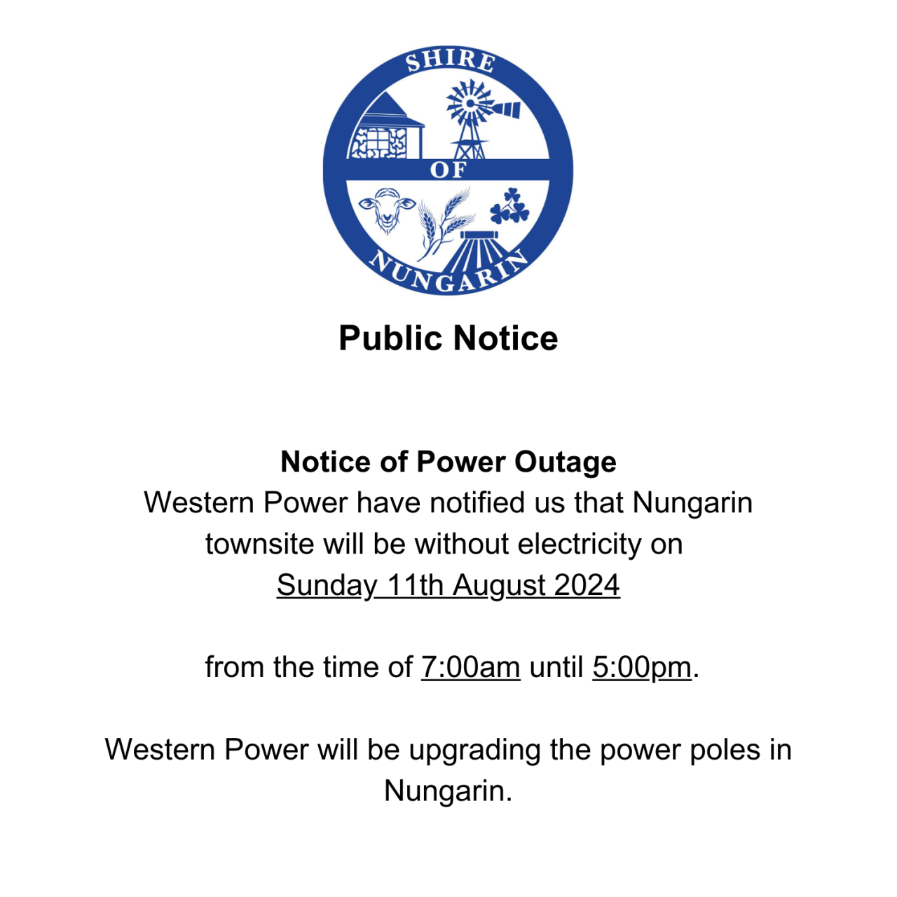 Notice of Power Outage - Nungarin townsite