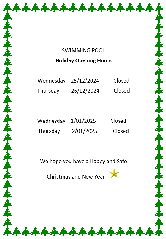 Swimming Pool Christmas/New Year Closure Dates!!